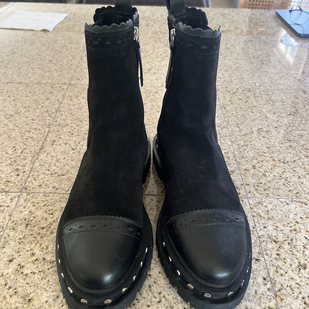 EUC Free People Tate Black Suede Chelsea Boots Size 6.5 Women's Side Zip Chunky - Picture 6 of 14